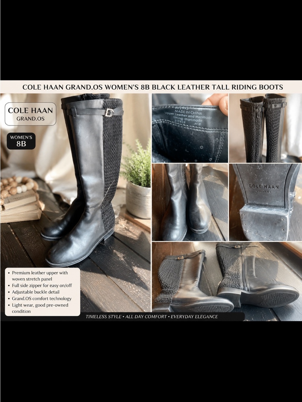 Cole Haan Black Leather Over-the-Knee Riding Boots with Woven Stretch Panels